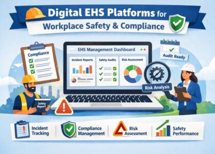 Digital EHS platform dashboard showing incident tracking, risk assessment, and compliance management.