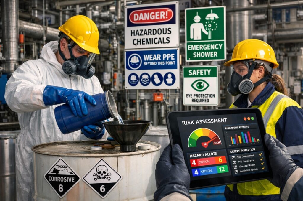 Chemical plant workers using EHS software for hazard monitoring