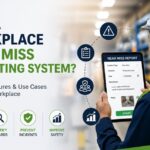 Workplace Near Miss Reporting System cover image showing an industrial worker using a tablet to report workplace hazards, safety incidents, and near misses in an industrial environment.