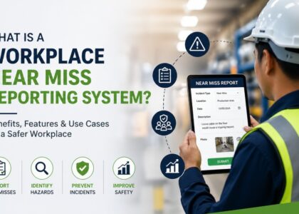 Workplace Near Miss Reporting System cover image showing an industrial worker using a tablet to report workplace hazards, safety incidents, and near misses in an industrial environment.