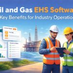 Oil and gas EHS software illustration showing safety professionals using digital safety management system at industrial site