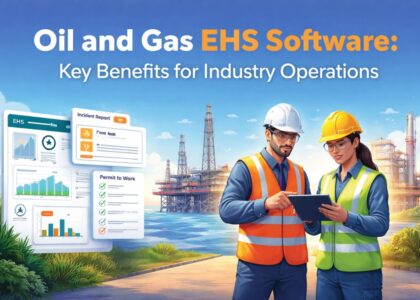 Oil and gas EHS software illustration showing safety professionals using digital safety management system at industrial site