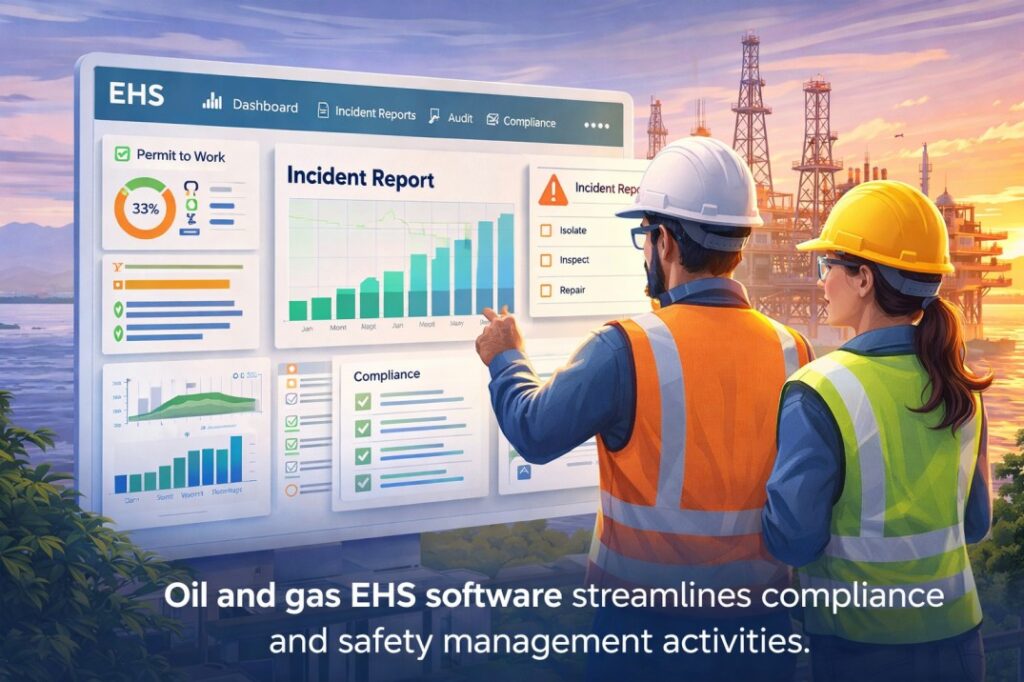 Oil and gas EHS software dashboard with safety engineers managing incidents, permits, and compliance