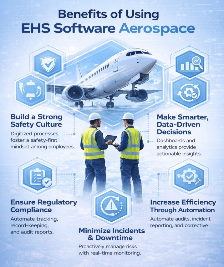 EHS Software Aerospace infographic showing benefits like safety, compliance, risk management, and efficiency in aerospace industry