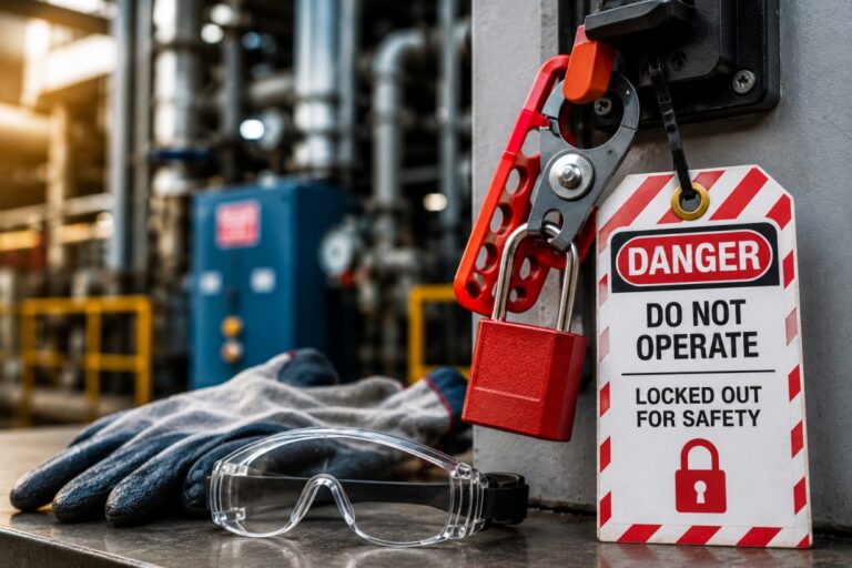 Lockout Tagout Procedure Software with lockout devices, safety padlocks, gloves, and protective eyewear in an industrial facility.