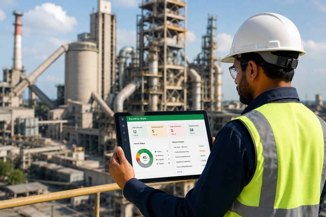 Safety engineer using Permit to Work Software at an industrial manufacturing plant