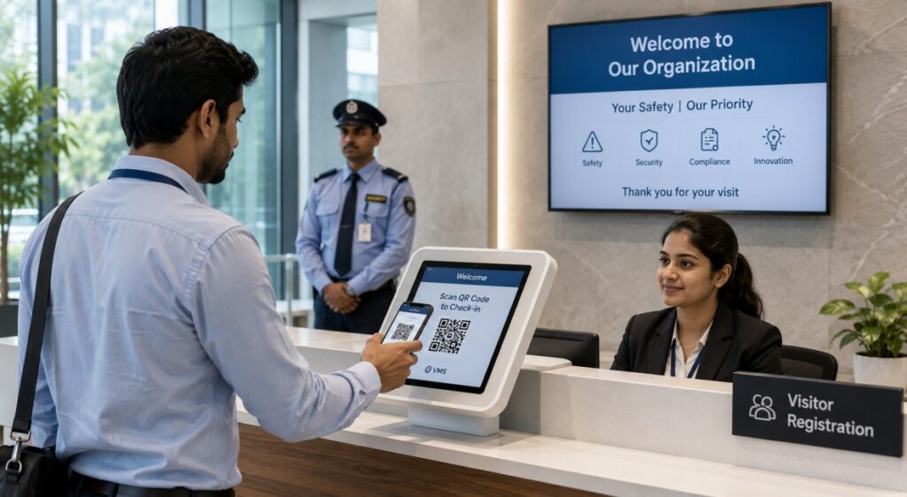 Visitor using QR code for contactless check-in at workplace reception Visitor Management Systems
