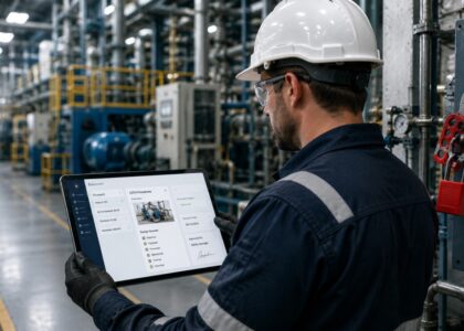 Lockout Tagout Procedure Software displayed on a tablet as a maintenance technician reviews energy isolation procedures in an industrial facility