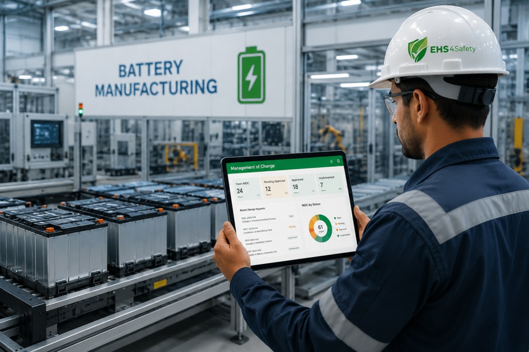 Safety engineer using Management of Change Software at an industrial manufacturing plant